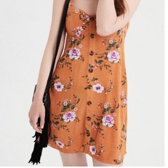 American Eagle Floral Button Front Mini Dress Sleeveless Mustard Yellow Medium - Picture 4 of 7